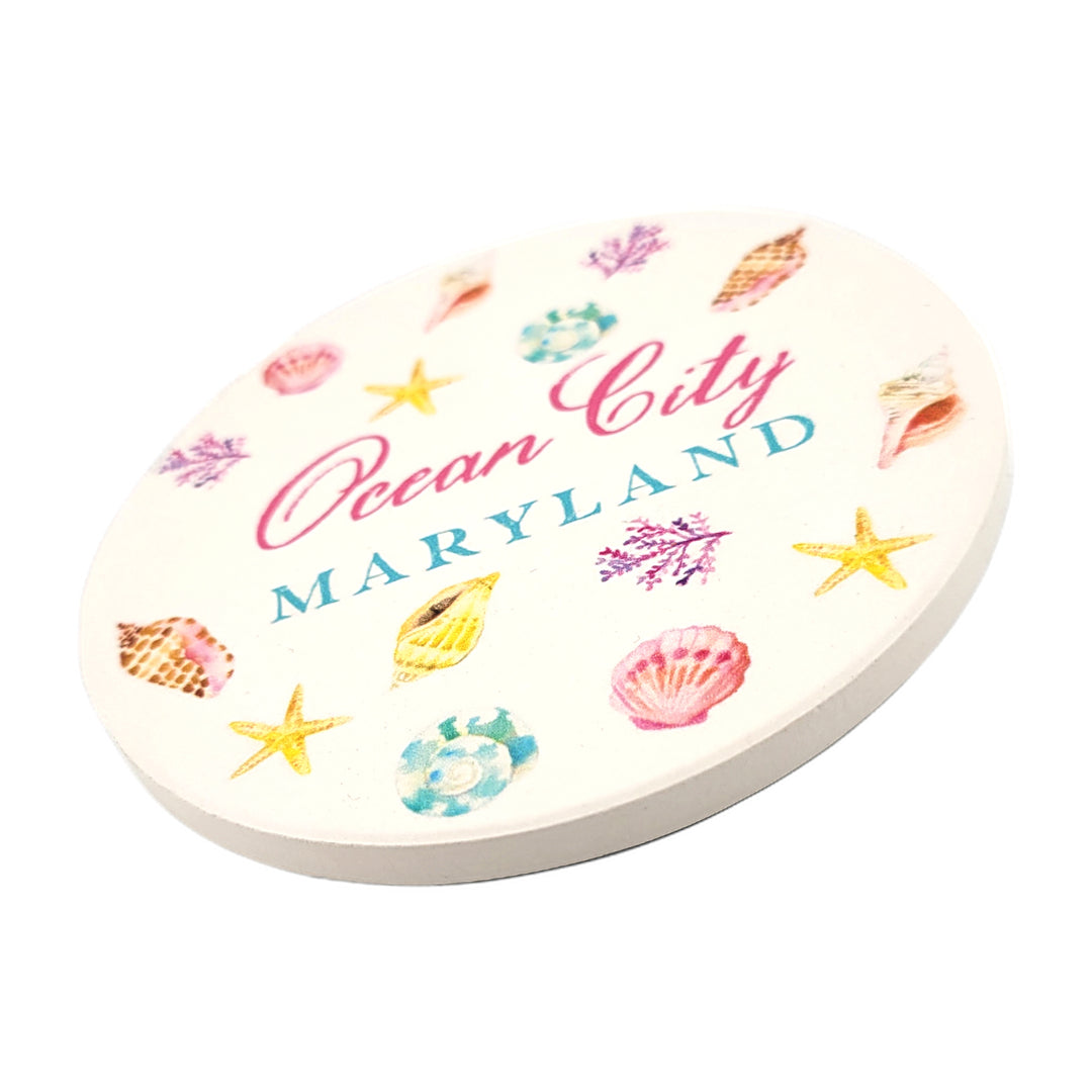 Ocean City Maryland Shells Ceramic Round Drink Coaster side view.