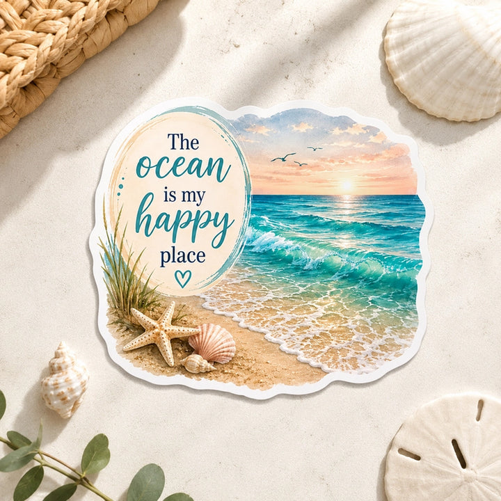The Ocean Is My Happy Place Die-Cut Vinyl Sticker.