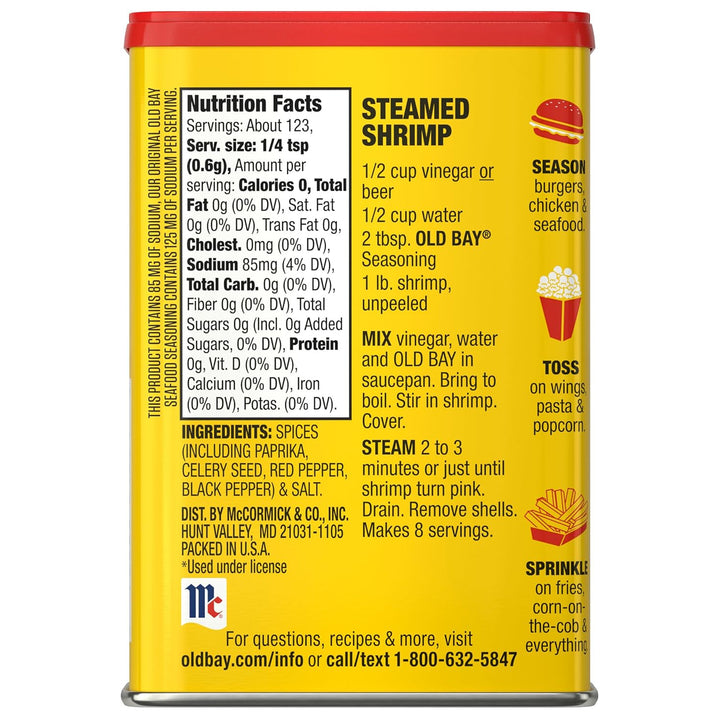 Old Bay Seasoning 30% Less Sodium 2.62oz. Tin Can Back