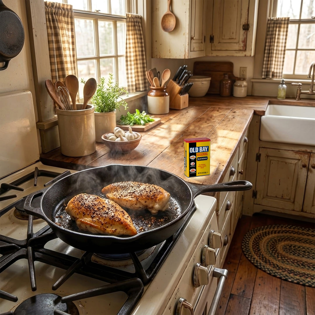 Cooking scene in a rustic kitchen with chicken in a pan and Old Bay Blackened Seasoning