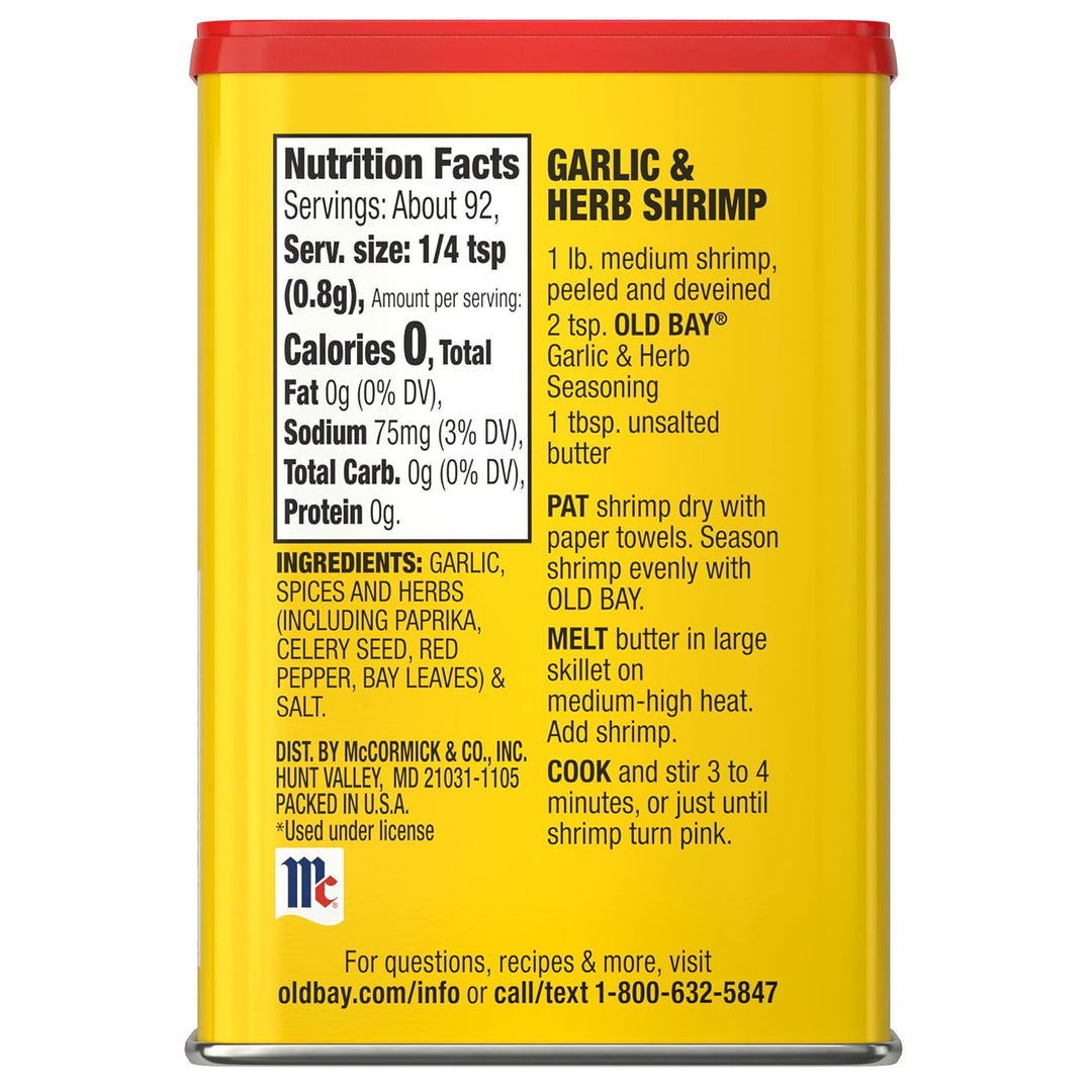 Old Bay Garlic &amp; Herb Seasoning 2.62oz. Tin Can Back
