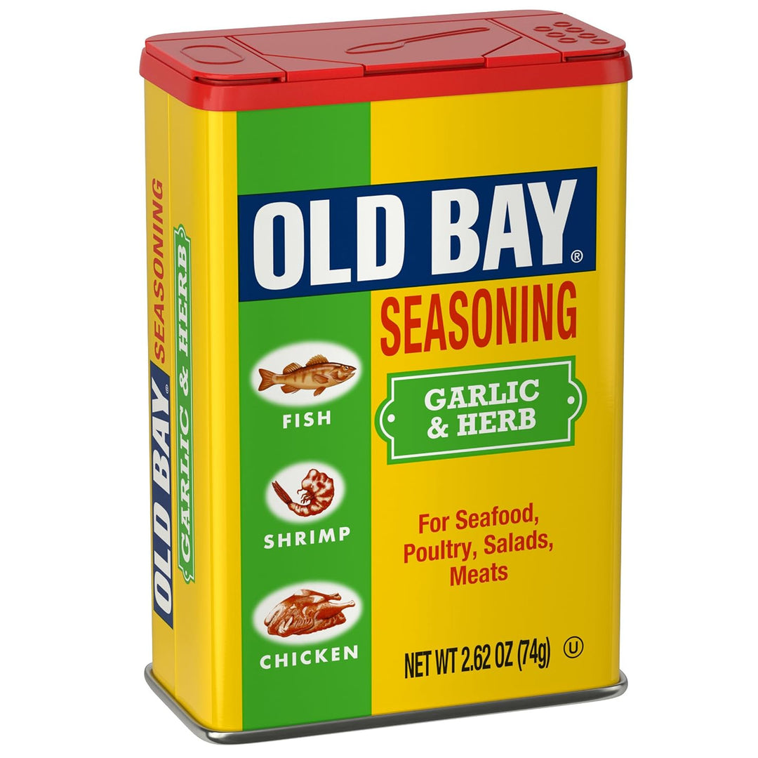 A 2.62 oz metal tin of Old Bay Seasoning Garlic &amp; Herb on a plain white background.