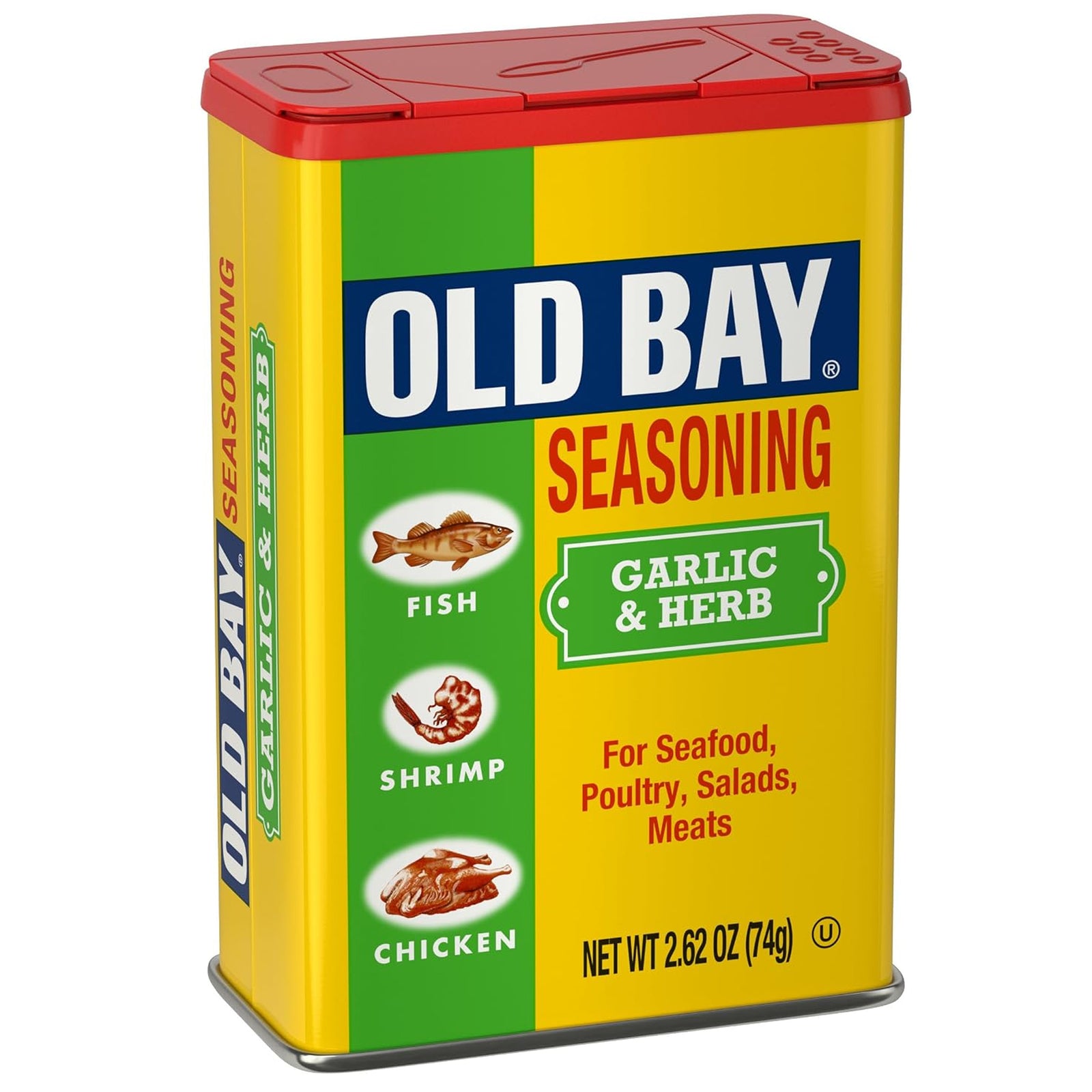 A 2.62 oz metal tin of Old Bay Seasoning Garlic & Herb on a plain white background.