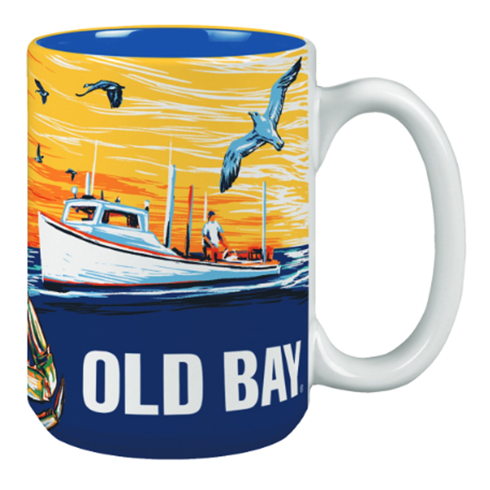 Mug with Old Bay branding and a boat design on a yellow and blue background