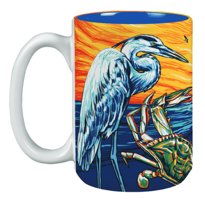 Old Bay Mug with a heron and crab design on a colorful background