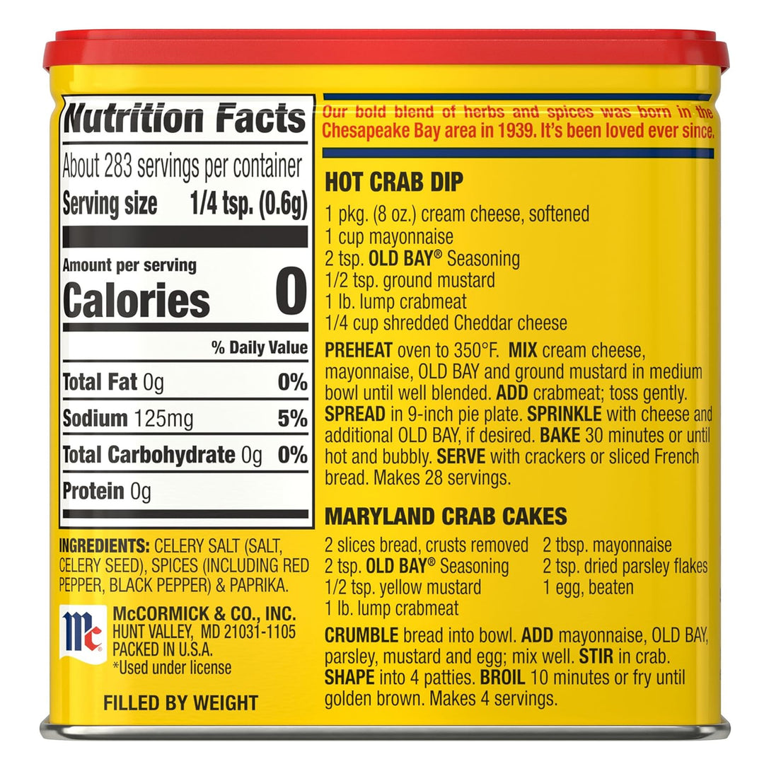 Can of Old Bay seasoning with nutrition facts and recipe details on a yellow background