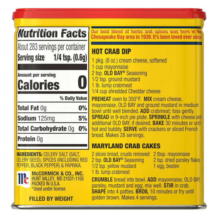 Can of Old Bay seasoning with nutrition facts and recipe details on a yellow background