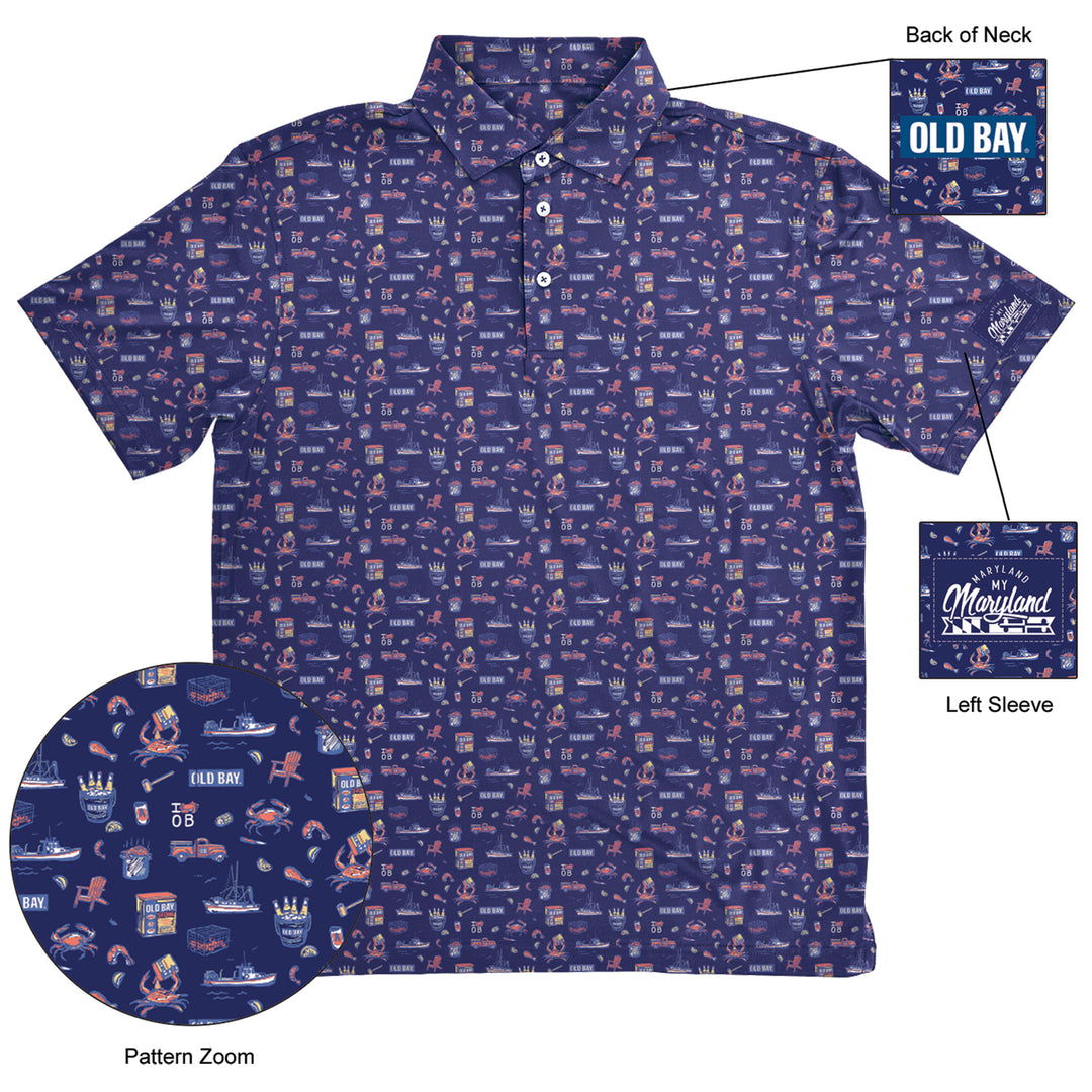 Old Bay Seasoning Bay Life Collage Polo Shirt details.