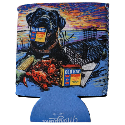 old bay seasoning can coolie back collage featuring old bay can, labrador retriever, crab pot, steamed crabs, with sunset sky