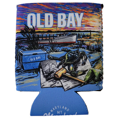 old bay seasoning can coolie front collage featuring blue crab, mallet, crab boat, and cooler with sunset sky