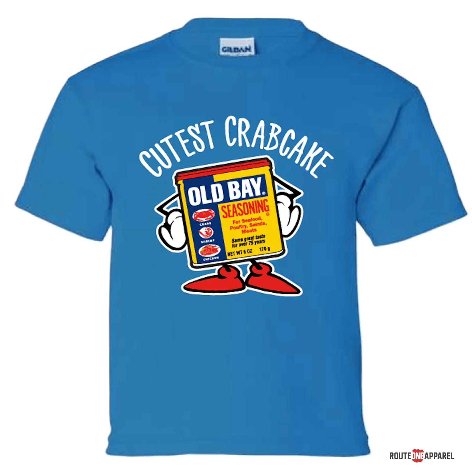 Blue t-shirt with cartoon Old Bay seasoning can and text 'Cutest Crabcake' on a white background