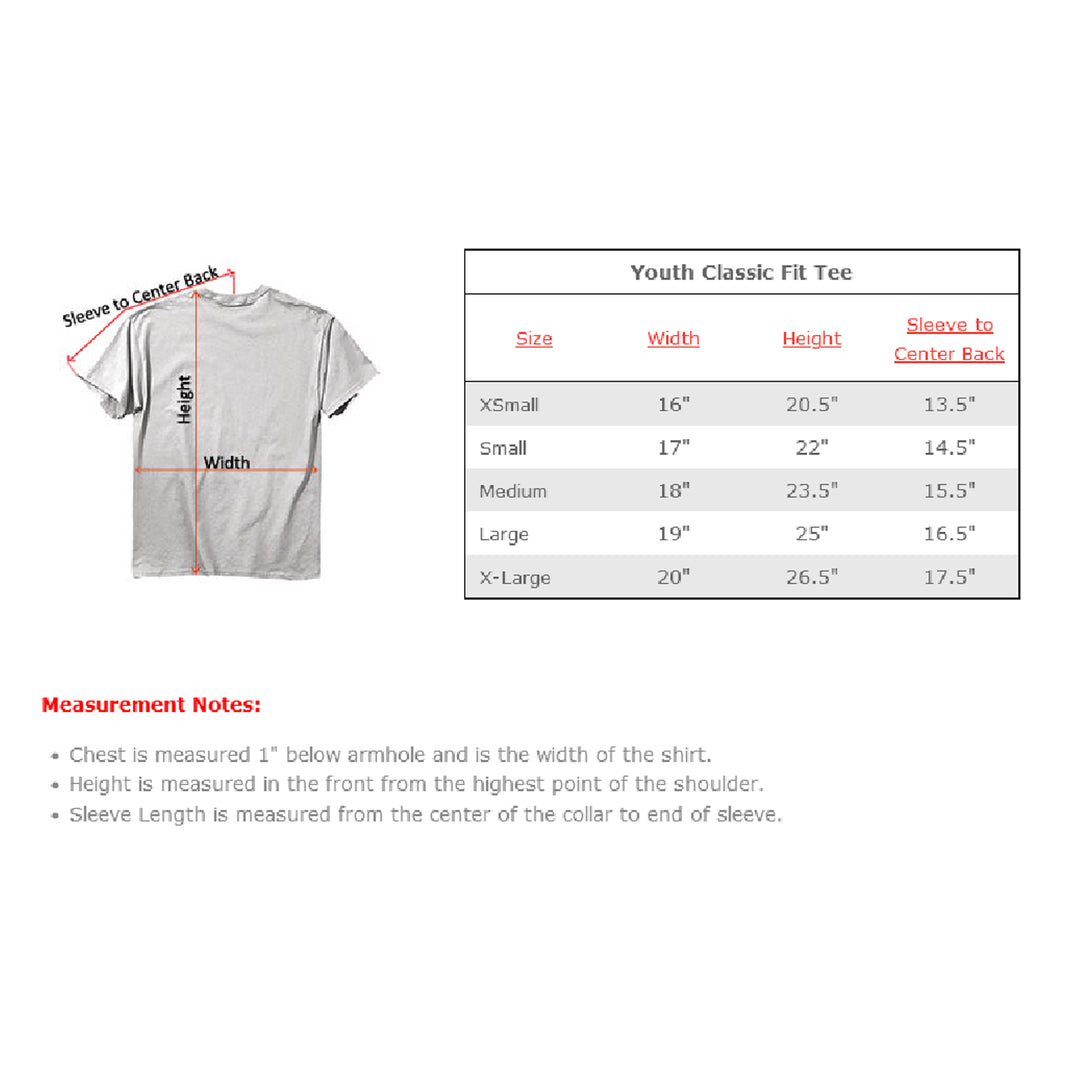 measurement chart for youth classic fit tee on a white background
