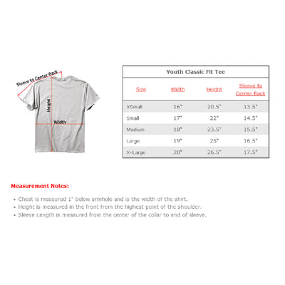 measurement chart for youth classic fit tee on a white background