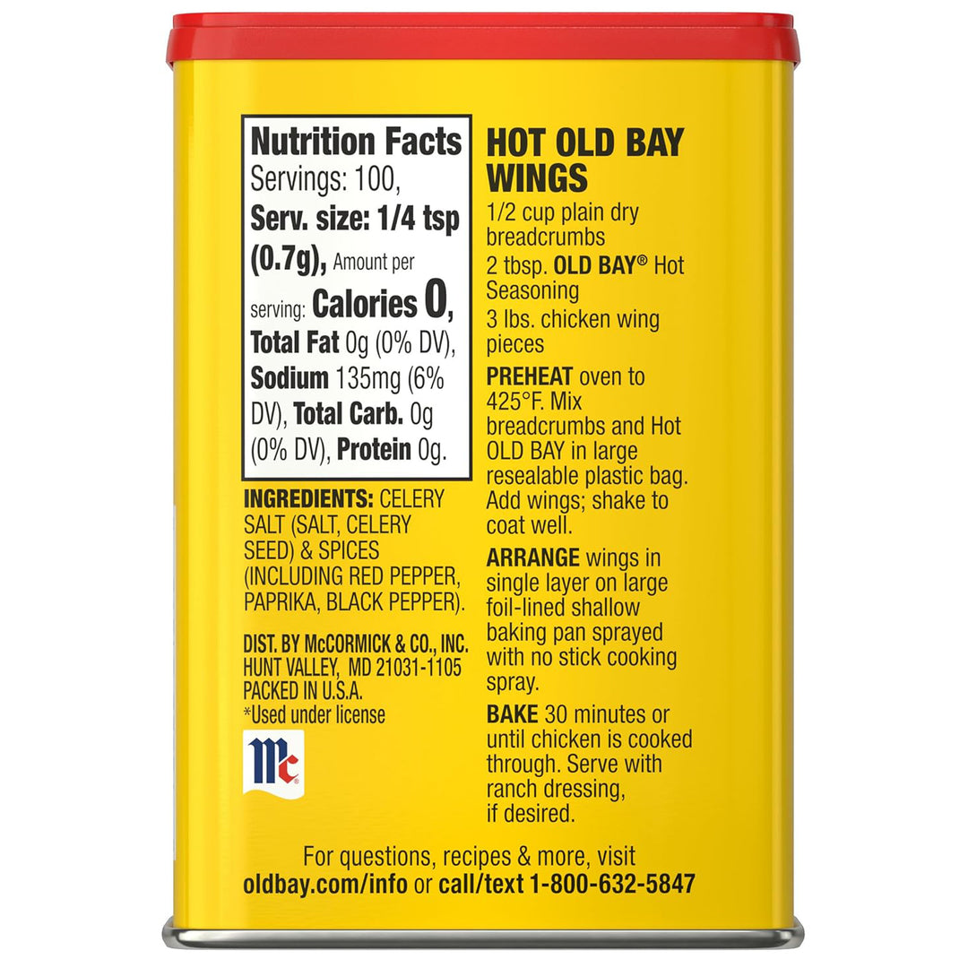 A 2.5 oz tin of Old Bay Seasoning Hot, featuring a bright yellow and red label with a blue Old Bay logo, shown on a plain white background.