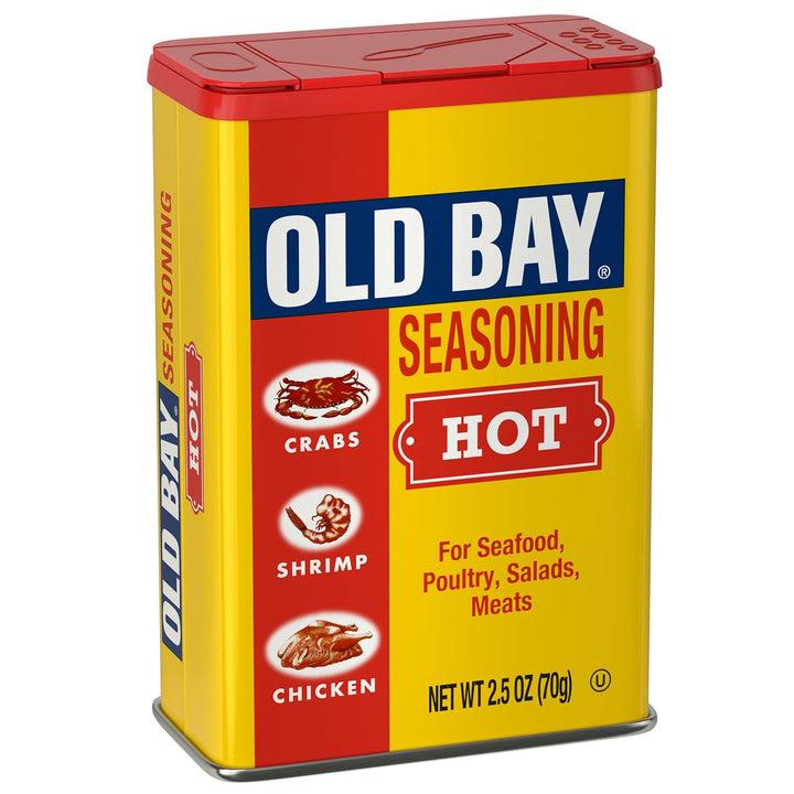 A 2.5 oz tin of Old Bay Seasoning Hot, featuring a bright yellow and red label with a blue Old Bay logo, shown on a plain white background.