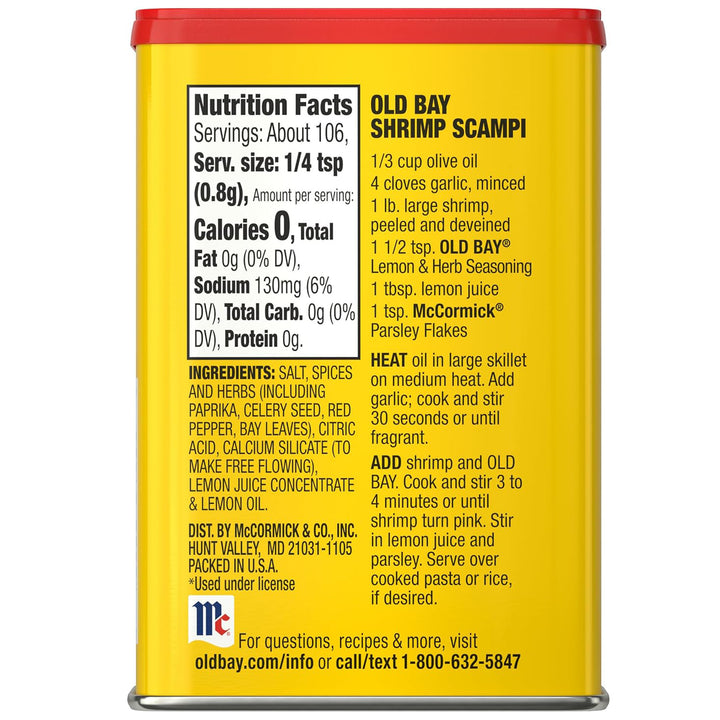 A 3 oz tin of Old Bay Seasoning Lemon &amp; Herb, featuring a bright yellow and blue label with a red lid, shown on a plain white background.