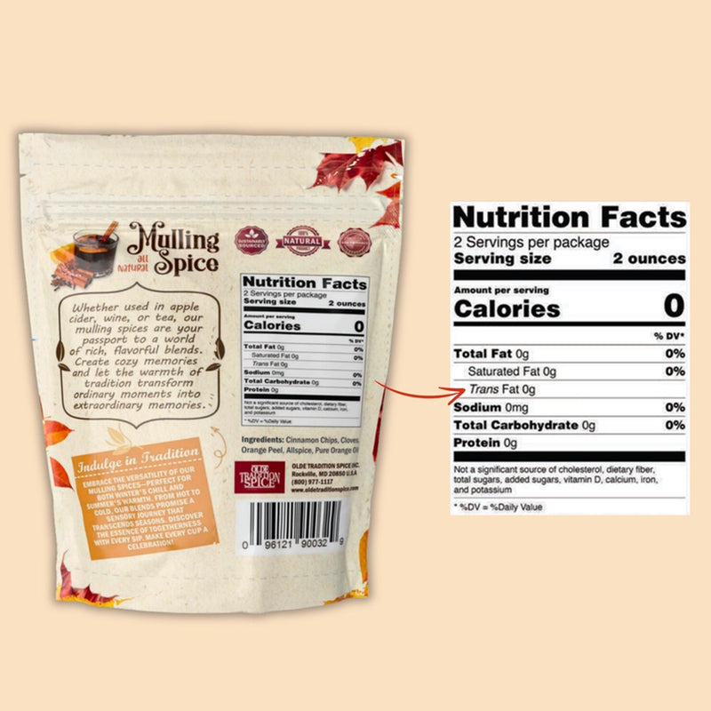 Olde Tradition Mulling Spices Kit with Muslin Bag nutrition facts label