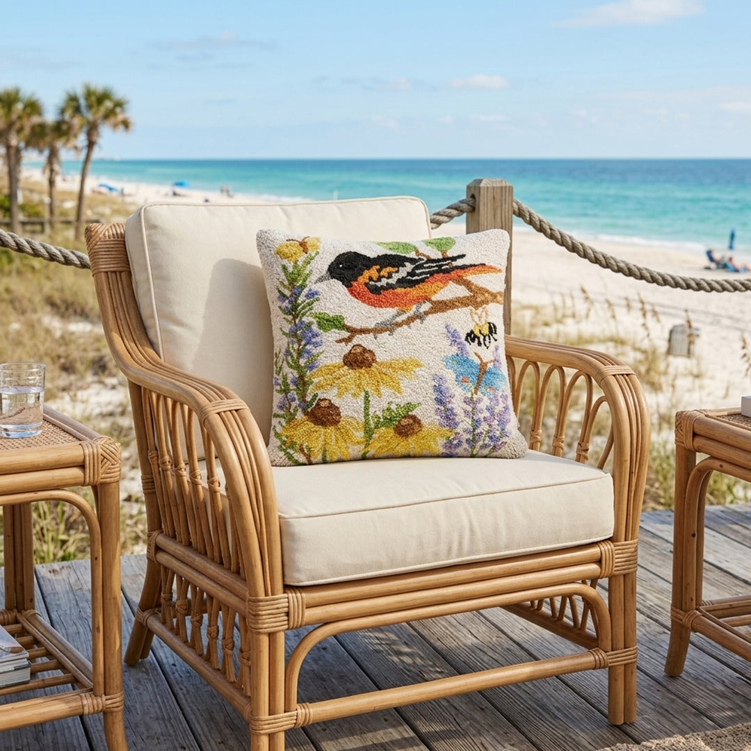 Oriole Black Eyed Susan Hooked Wool Pillow Scene