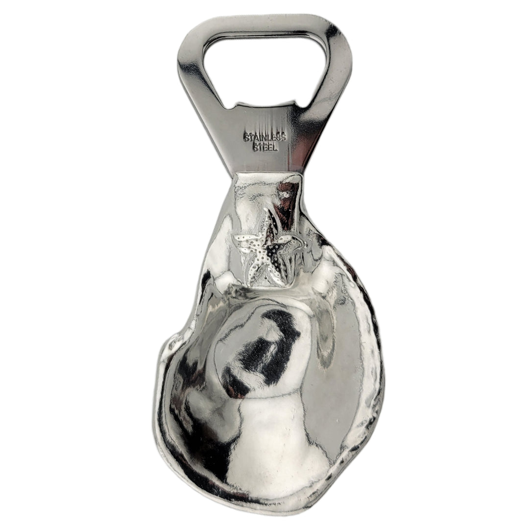 Oyster Shell Bottle Opener Pewter Back View With Starfish Design