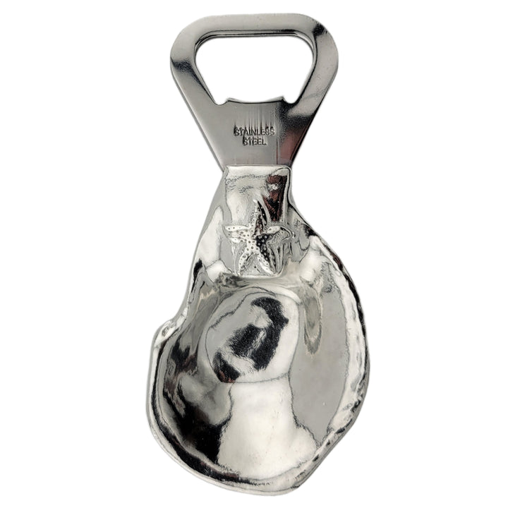 Oyster Shell Bottle Opener Pewter Back View With Starfish Design