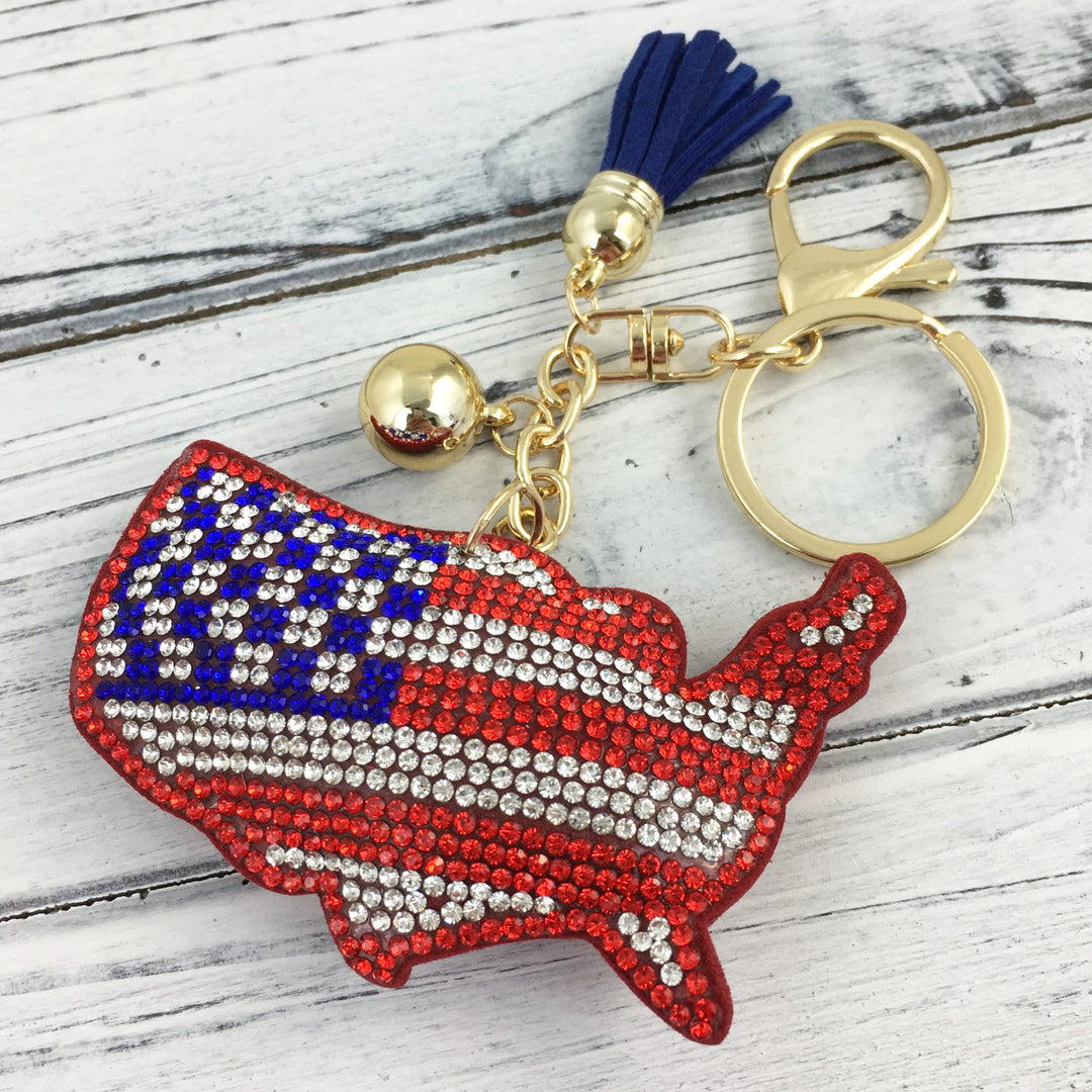 American Flag USA Country Shape Rhinestone Keyring