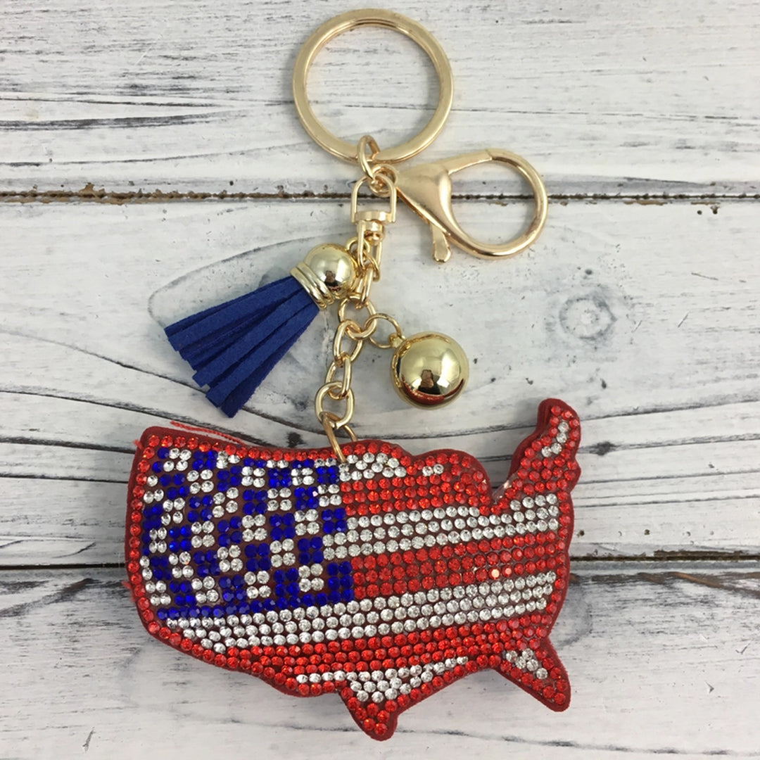 American Flag USA Country Shape Rhinestone Keyring