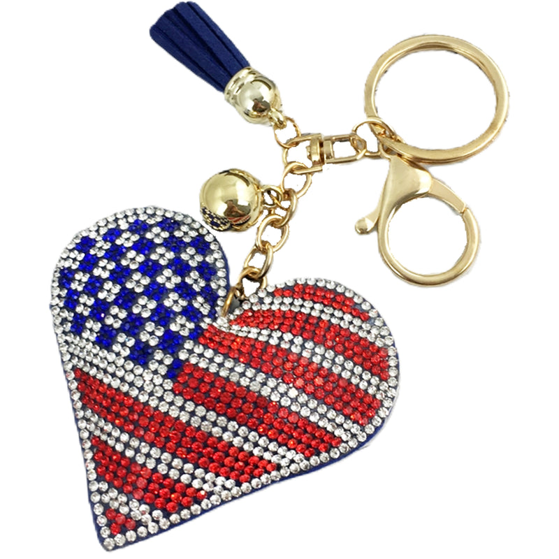 Heart-shaped keychain with American flag rhinestone design