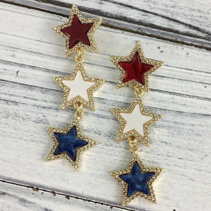 Americana Red White Blue Rhinestone Earrings - Stars Dangle