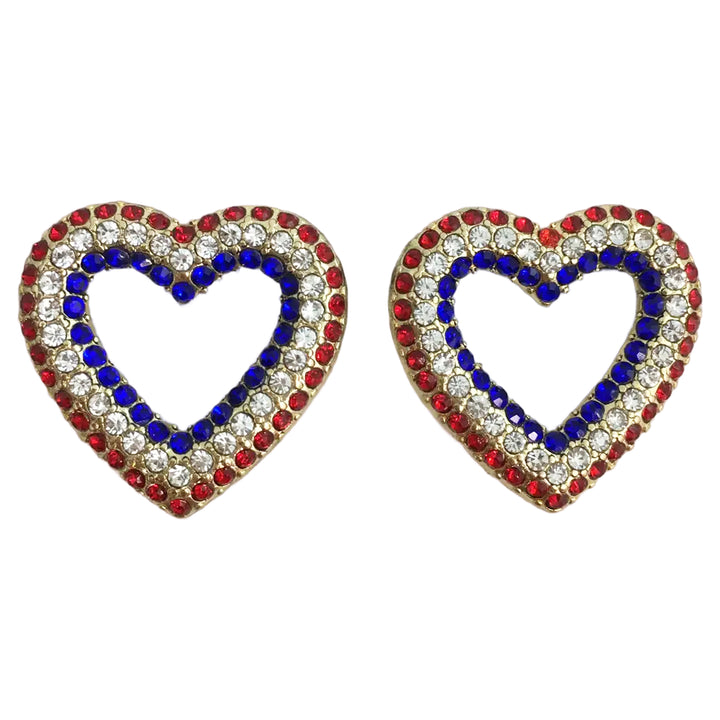 Americana Red White Blue Rhinestone Earrings - Hearts