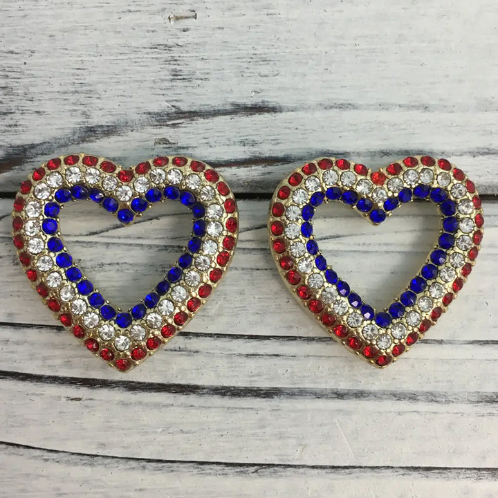 Americana Red White Blue Rhinestone Earrings - Hearts