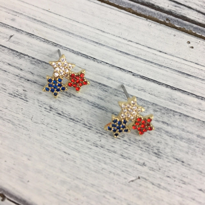 Americana Red White Blue Rhinestone Earrings - Stars Cluster Petite