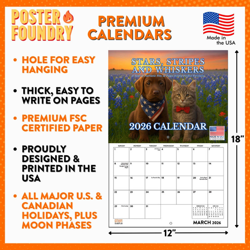 Patriotic Pets 2026 Wall Calendar 12" x 18"