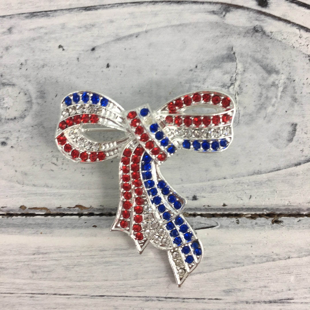 Americana Red White Blue Ribbon Rhinestone Brooch