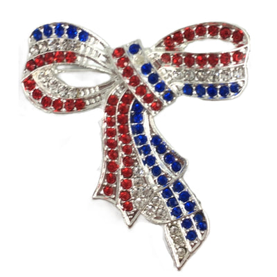 Americana Red White Blue Ribbon Rhinestone Brooch