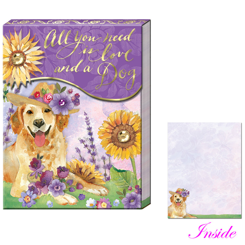 Notebook with a dog illustration and floral design on a purple background