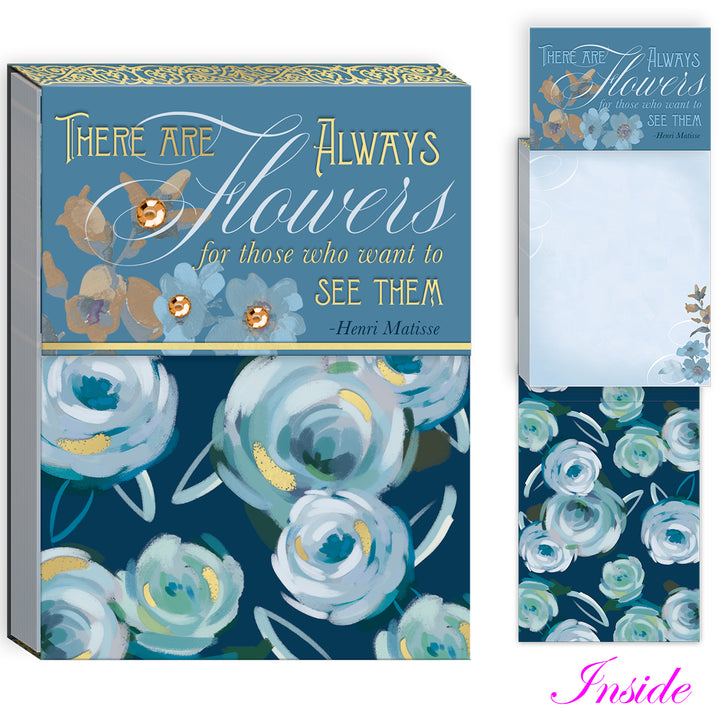 Floral-themed notepad with decorative elements and text that says &