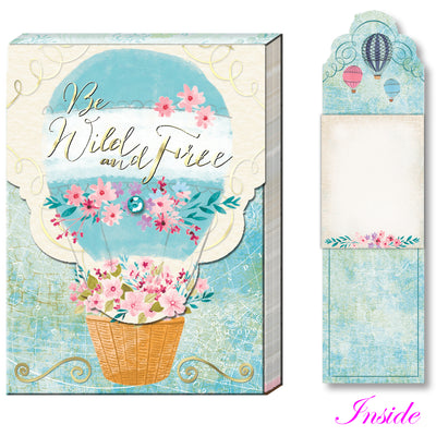 Decorative notepad with floral hot air balloon design and 'Be Wild and Free' text.