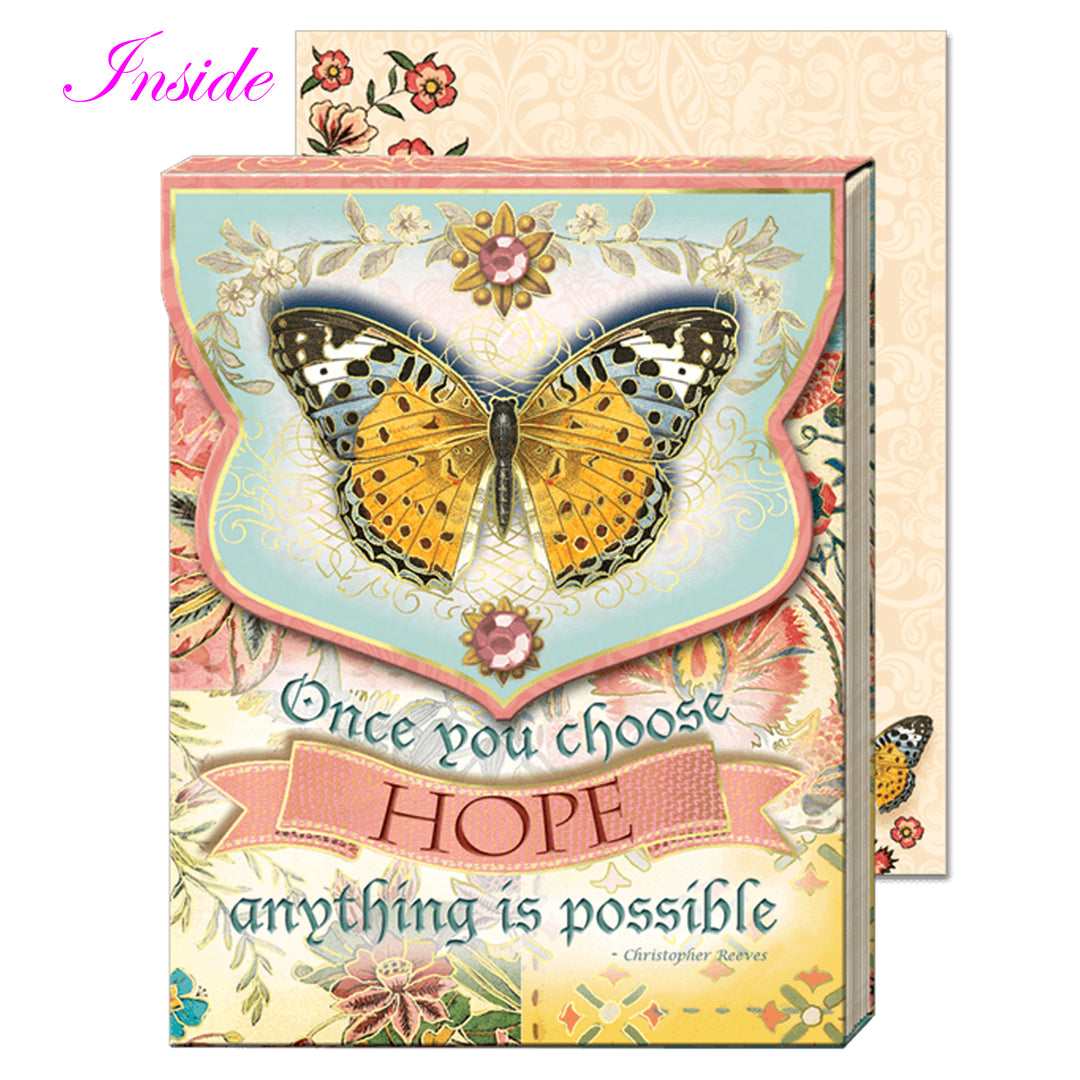 Decorative notepad with butterfly design and quote "Once you choose hope anything is possible" by Christopher Reeves.