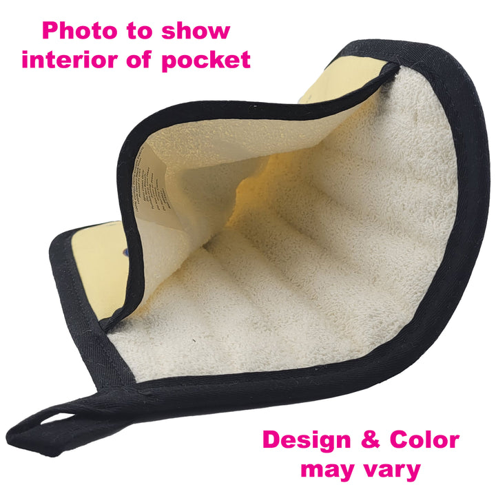 Black and beige pocket potholder with interior showing, on a white background
