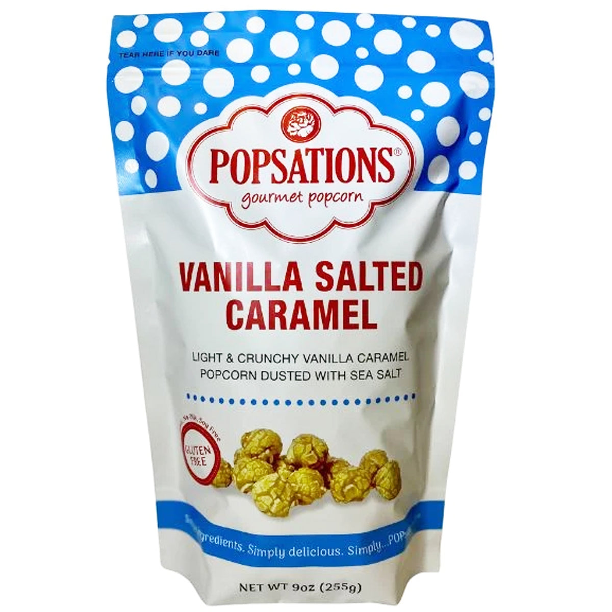 Popsations Vanilla Salted Caramel Popcorn 9oz resealable pouch.