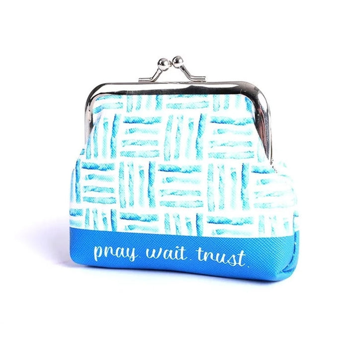 Christian Themed Coin Purse - Pray Wait Trust blue geometric.