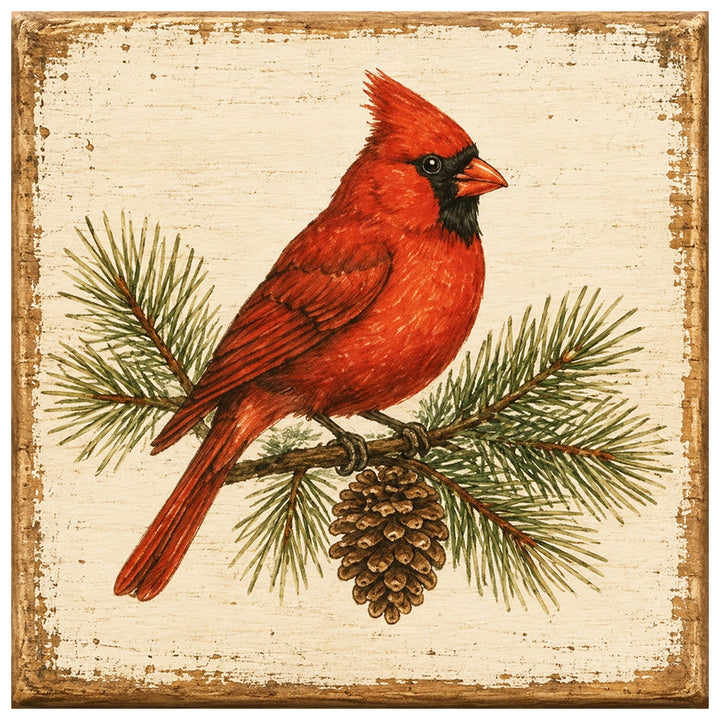 Print Block - Christmas red cardinal bird and pine greens.