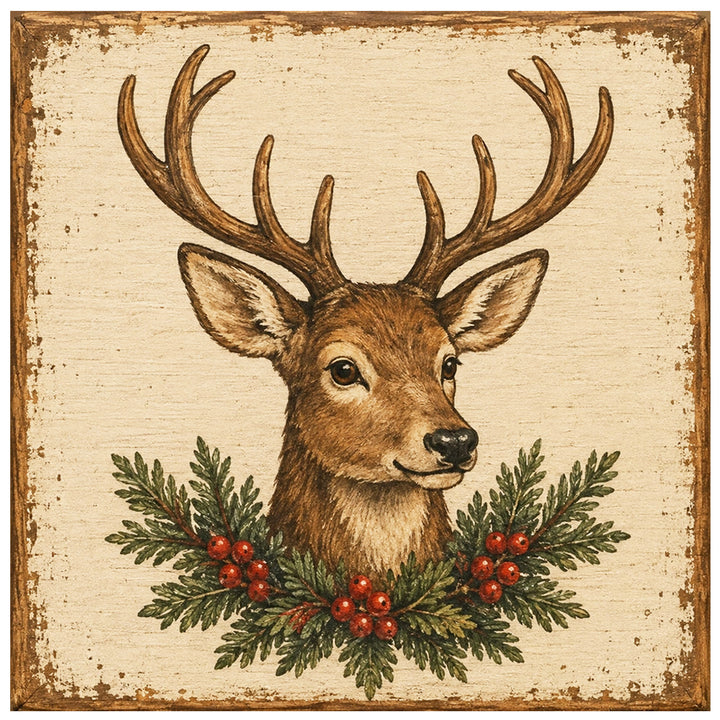 Print Block - A Christmas deer with antlers.