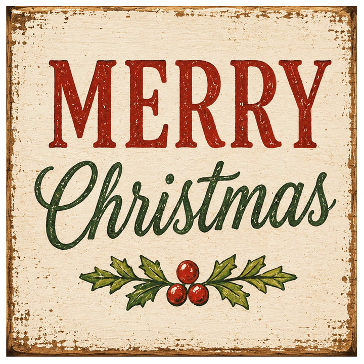 Print Block - a rustic design of Merry Christmas greeting with holly.