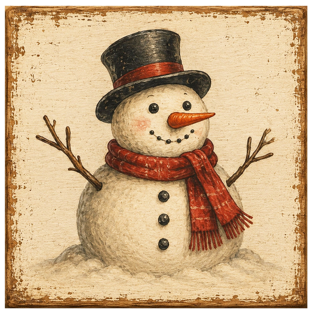 Print Block - A rustic style Snowman with a red scarf.
