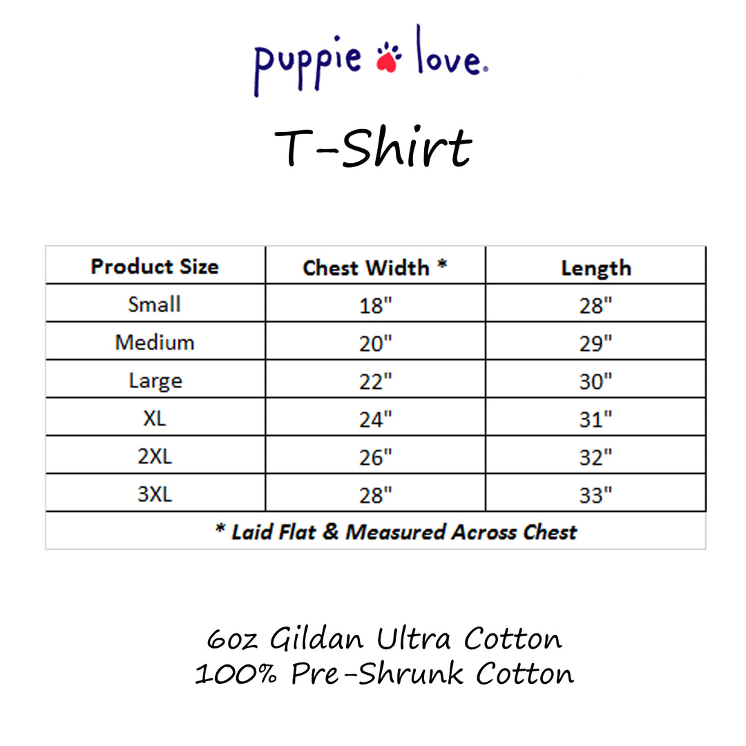 T-shirt size chart with measurements and &
