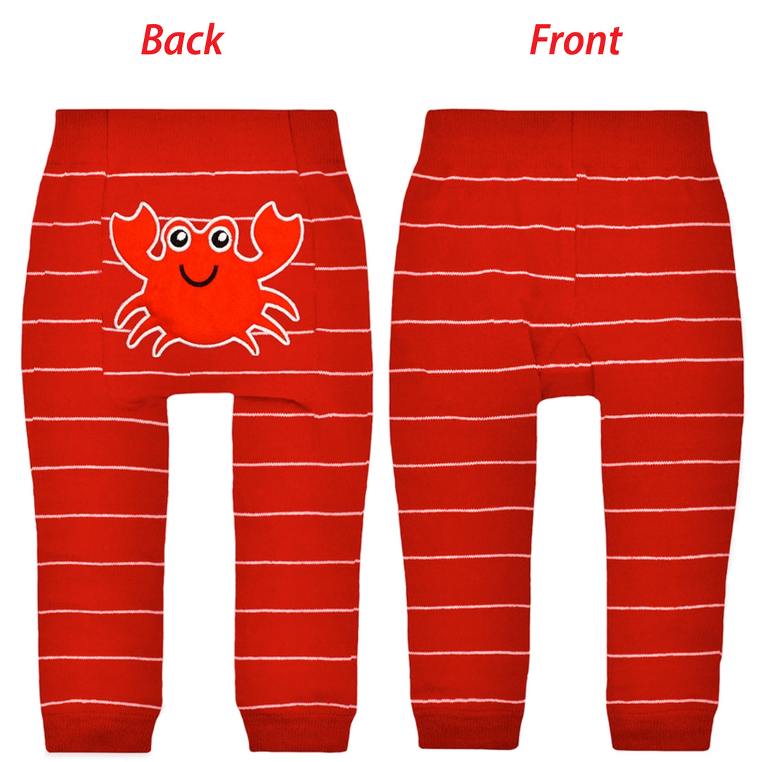 Red striped pants with a crab design on the back, shown from front and back views.