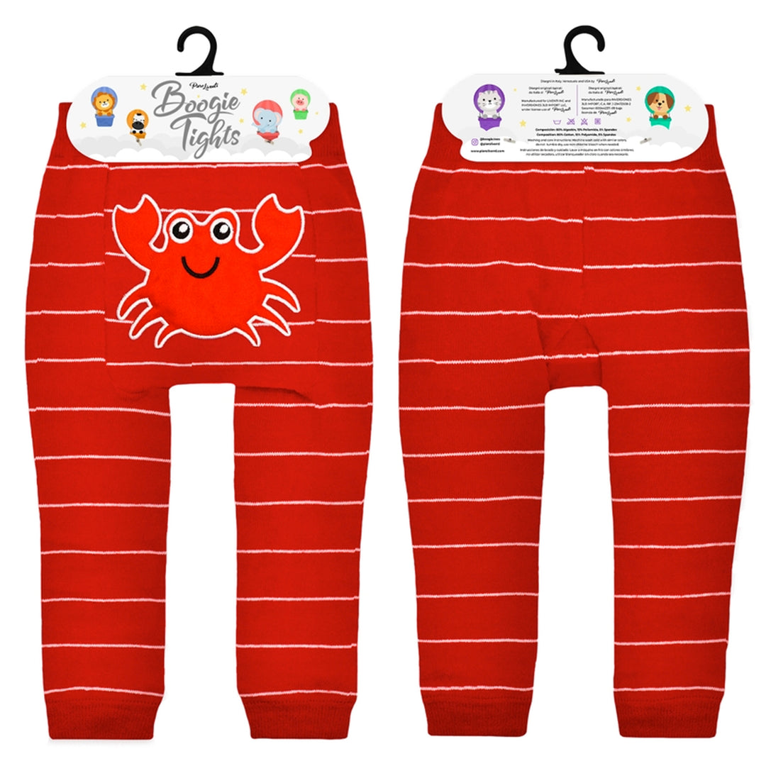 Red striped leggings with a crab design on a white background