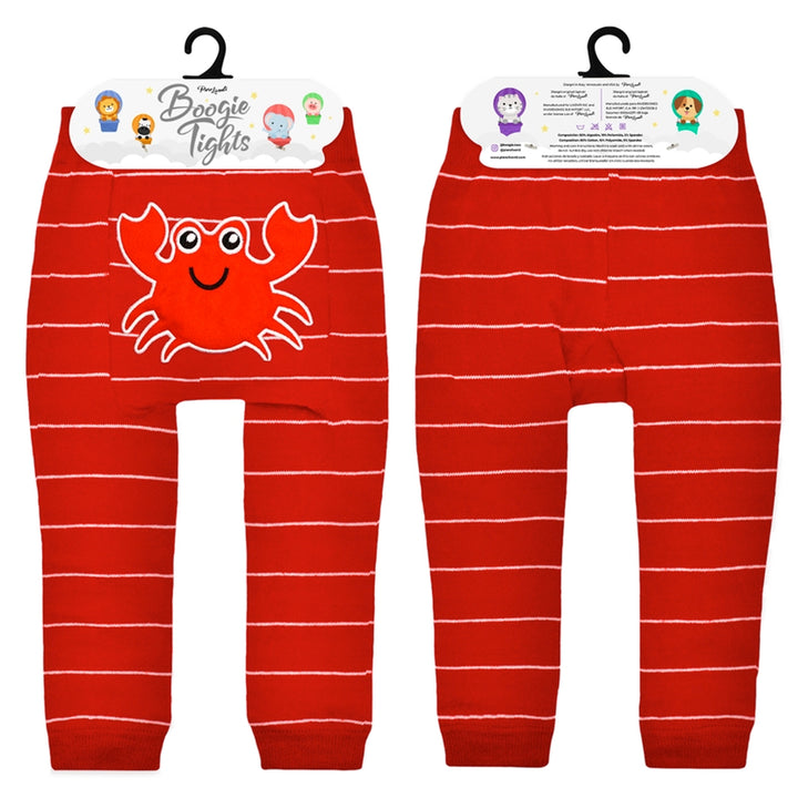 Red striped leggings with a crab design on a white background