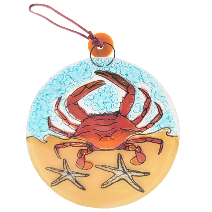 Crab at the Beach Glass Ornament - Red
